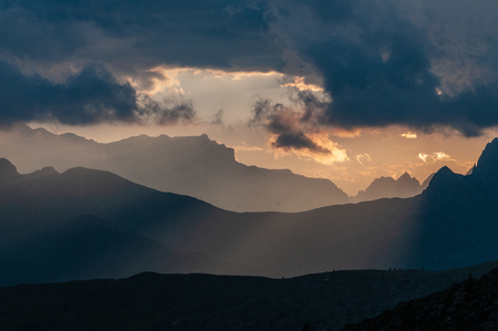 Landscape shot at the Passo di Giau, in the the Italian Dolomites, during the Golden Hour.の写真素材