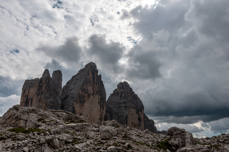 The Tre Cime di Lavaredo, the most famous peaks in the Italian Dolomites, on a summer afternoonの写真素材