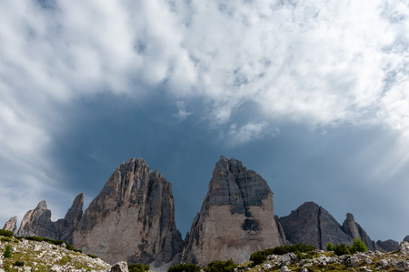 The Tre Cime di Lavaredo, the most famous peaks in the Italian Dolomites, on a summer afternoonの写真素材