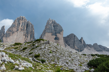 The Tre Cime di Lavaredo, the most famous peaks in the Italian Dolomites, on a summer afternoonの写真素材