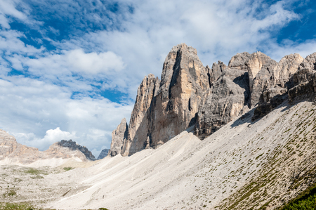 The Tre Cime di Lavaredo, the most famous peaks in the Italian Dolomites, on a summer afternoonの写真素材