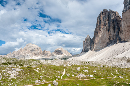 The Tre Cime di Lavaredo, the most famous peaks in the Italian Dolomites, on a summer afternoonの写真素材