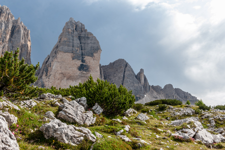 The Tre Cime di Lavaredo, the most famous peaks in the Italian Dolomites, on a summer afternoonの写真素材
