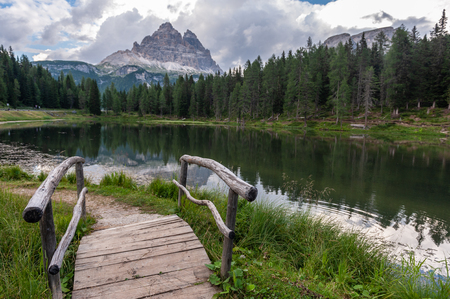 The Reflection of the Tre Cime di Lavaredo in lake Antorno, in the Italian Dolomitesの写真素材
