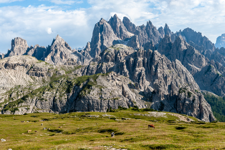 Rugged Mountain Ranges in Tre Cima Natural Park Area in the Italian Dolomites.の写真素材