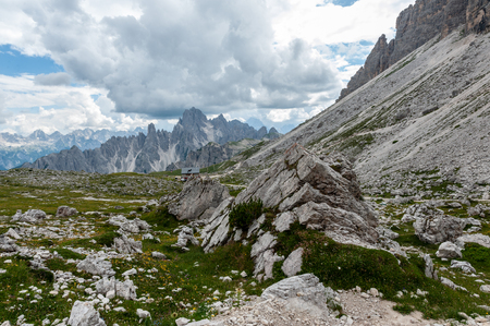 Rugged Mountain Ranges in Tre Cima Natural Park Area in the Italian Dolomites.の写真素材