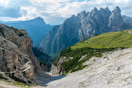 Rugged Mountain Ranges in Tre Cima Natural Park Area in the Italian Dolomites.の写真素材