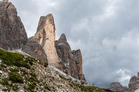 The Tre Cime di Lavaredo, the most famous peaks in the Italian Dolomites, on a summer afternoonの写真素材
