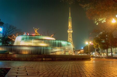 Nagoya, Japan, December 26, 2007. A night shot of a fountain in the city center of Nagoya.のeditorial素材
