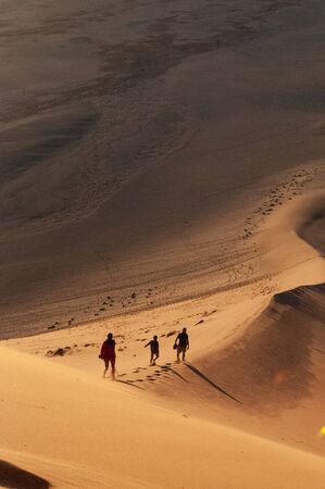 People walking down Dune 45 in the early morning sunlight.の写真素材
