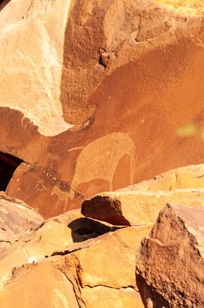 Detail of the prehistoric rock paintings of the San People in Western Namibia, near Twyfelfontein.の写真素材