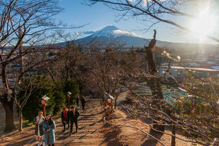 Mount Fuji, Japan - December 27, 2019. Local citizens visiting the Arakura Fuji Sengen Shrine during the end of the year holidays. This shrine is an important historic landmark in Japan.のeditorial素材
