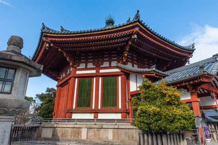 Nara, Japan - January 5, 2020. Detail of a historic temple in Nara Park. Nara is a historic city in Japan, famous for its many temples and Shrines.のeditorial素材