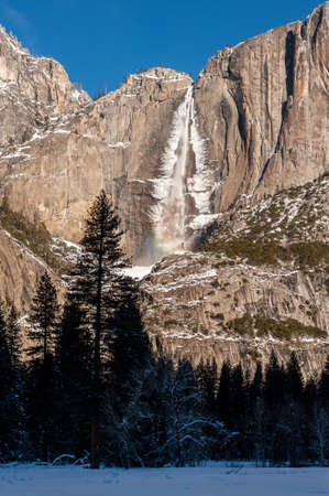Overview of the ice-covered path of Yosemite falls on an early winter morning.の写真素材