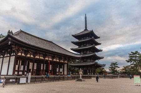 Nara, Japan - January 5, 2020. Wide angle shot of the Kofuku-ji National Treasure Hall. Nara is a historic city in Japan, famous for its many temples and Shrines.のeditorial素材