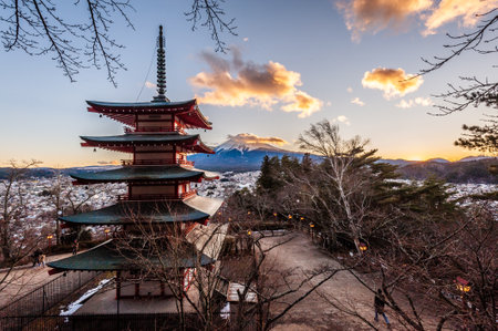 Mount Fuji, Japan - December 27, 2019. Wide angle shot of the Arakura Fuji Segen Shrine with mount Fuji in the background.のeditorial素材