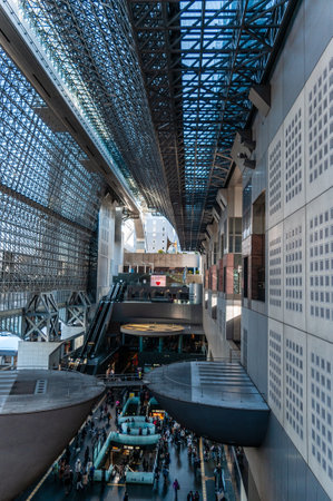 Kyoto, Japan, December 29, 2019. Interior shot of the central hall of Kyoto station, a building famous for its modern architecture.のeditorial素材