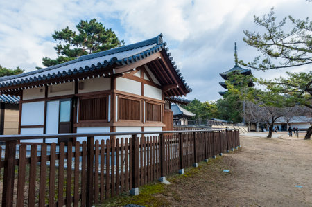 Nara, Japan - January 5, 2020. Detail of a historic temple in Nara Park. Nara is a historic city in Japan, famous for its many temples and Shrines.のeditorial素材