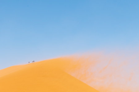 Telephoto shot of Dune 45, Namibia, with distant climbers on top, in a sand storm.