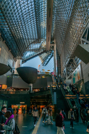 Kyoto, Japan, December 29, 2019. Interior shot of the central hall of Kyoto station, a building famous for its modern architecture.のeditorial素材