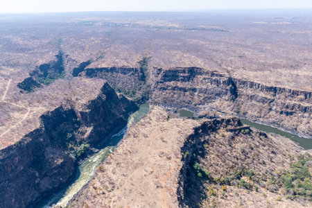 Aerial shot of the lower Zambezi river gorge, in southern Africa.の写真素材