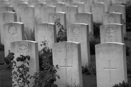 Yper, Belgium - August 7, 2021. Detail of the war monuments at Tyne Cot cemetery. Tyne cot is the largest British cemetery from the first world war.のeditorial素材