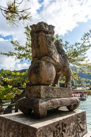 Miyajima, Japan, December 31, 2019. Exterior of a statue near the famous Samonkyaku Shrine.のeditorial素材