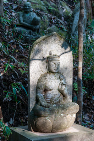 Hiroshima, Japan - January 2, 2020. Close-up of a statue at the famour Mitaki Dera Temple in Hiroshima Japan.のeditorial素材