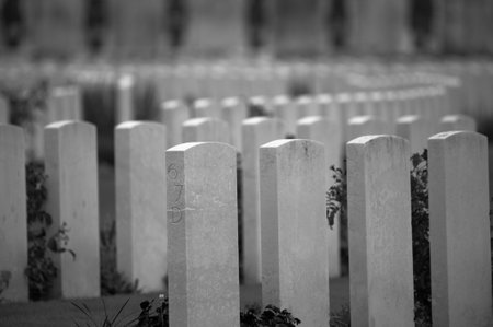 Yper, Belgium - August 7, 2021. Detail of the war monuments at Tyne Cot cemetery. Tyne cot is the largest British cemetery from the first world war.のeditorial素材