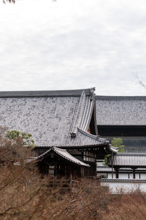 Kyoto, Japan - December 29, 2019. Exterior shot of the Senqukukan Canyon gardens and Tsutenkyo bridge in Kyoto, part of the Tofuki-Ji Temple complex.