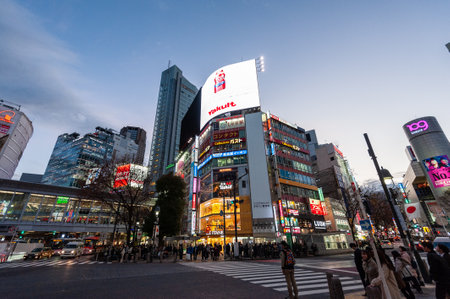 Tokyo, Japan - January 9, 2020. Exterior of the busy streets of Tokyo, near the famous Shibuya Crossing.のeditorial素材