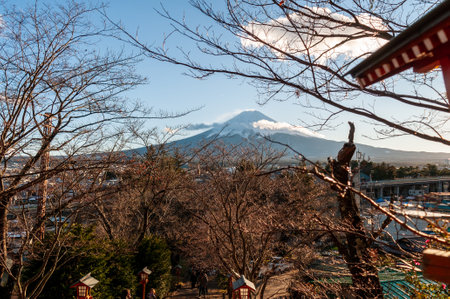 Shimoyoshida, Japan - December 27, 2019. Japanese travellers paying a visit to the famous Chureito Pagoda, showing mt fuji in the background.のeditorial素材