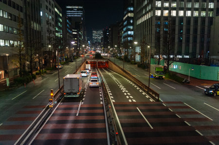 Tokyo, Japan - January 8, 2020. Overview of a busy highway entering a tunnel in Down Town Tokyo.のeditorial素材