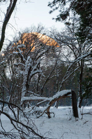 The last light of the setting sun illuminating a snow-covered half-dome on a winter afternoon. Yosemite national park.の写真素材