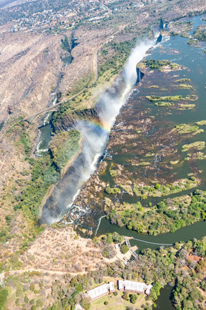 Aerial shot of the Victoria Falls on the Zimbawe Zambia Border.の写真素材