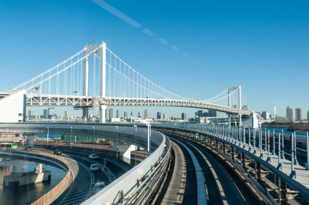 Tokyo, Japan - January 9, 2020. A view from the car of a light rail train in downtown Tokyo.のeditorial素材
