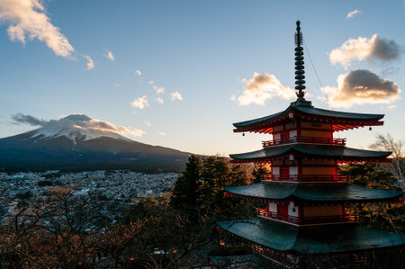 Shimoyoshida, Japan - December 27, 2019. Exterior shot of the famous Chureito Pagoda with mount fuji as a background.のeditorial素材