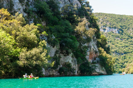 Provence, France - July 21, 2020. Exterior of people canoeing on the famous Gorges du verdon in the french provence.のeditorial素材