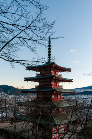 Shimoyoshida, Japan - December 27, 2019. Exterior shot of the famous Chureito Pagoda with mount fuji as a background.のeditorial素材