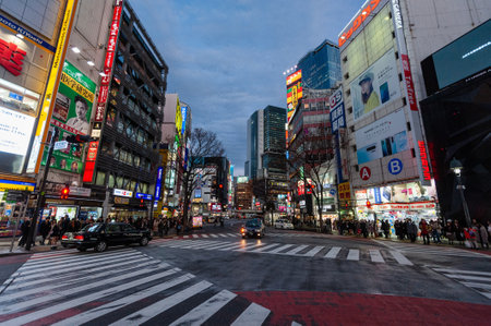 Tokyo, Japan - January 9, 2020. Exterior of the busy streets of Tokyo, near the famous Shibuya Crossing.のeditorial素材