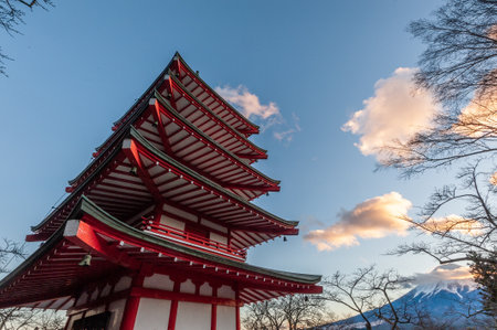 Shimoyoshida, Japan - December 27, 2019. Detail of the famous Chureito Pagoda.のeditorial素材