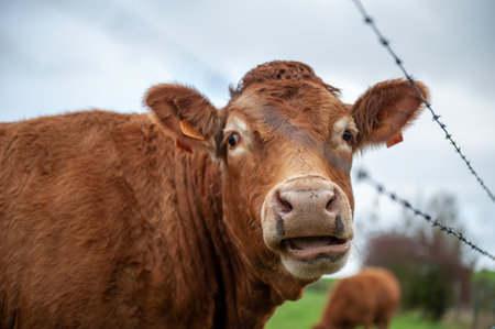 East-Flanders, Belgium - November 11, 2020. Close-up of two cows looking affectionally at each other.の写真素材