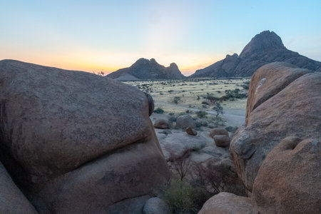 Sunset near Spitzkoppe, a famous granite peak in the center of namibia.の写真素材