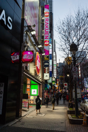 Tokyo, Japan - January 9, 2020. Exterior of the busy streets of Tokyo, near the famous Shibuya Crossing.のeditorial素材