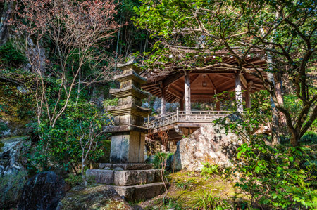 Hiroshima, Japan - January 2, 2020. Exterior shot of the Mitaki Dera temple in Hiroshima. This is one of the most famous Buddhist temples in in Japan.のeditorial素材