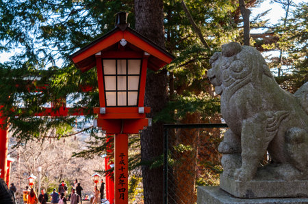 Shimoyoshida, Japan - December 27, 2019. Close-up of a lantern at the famous Chureito Pagoda in Japan.のeditorial素材