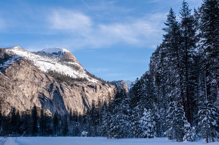A winter landscape in Yosemite valley, just before sunset.の写真素材