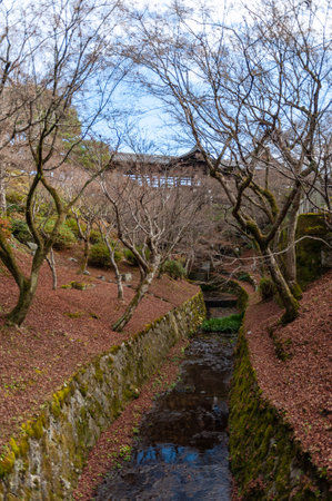 Kyoto, Japan - December 29, 2019. Exterior shot of the Senqukukan Canyon gardens and Tsutenkyo bridge in Kyoto, part of the Tofuki-Ji Temple complex.のeditorial素材