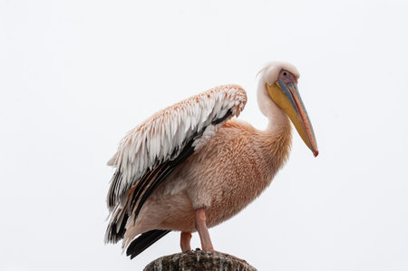 Telephoto shot of a great white pelican -Pelecanus onocrotalus-near Walvis Bay, Namibiaの写真素材