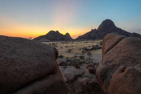Sunset near Spitzkoppe, a famous granite peak in the center of namibia.の写真素材